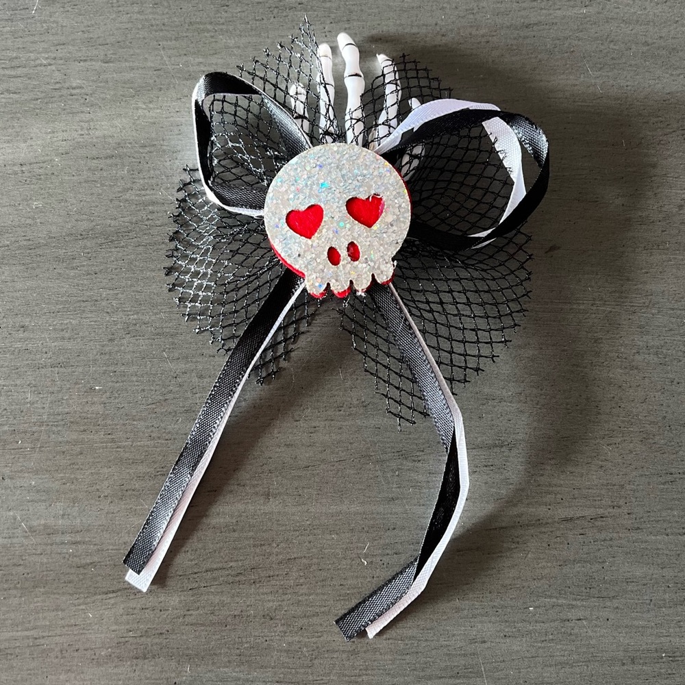 Silver & Red Heart Eye Day of Dead Glitter Skeleton Hand Barrette Alligator Clip